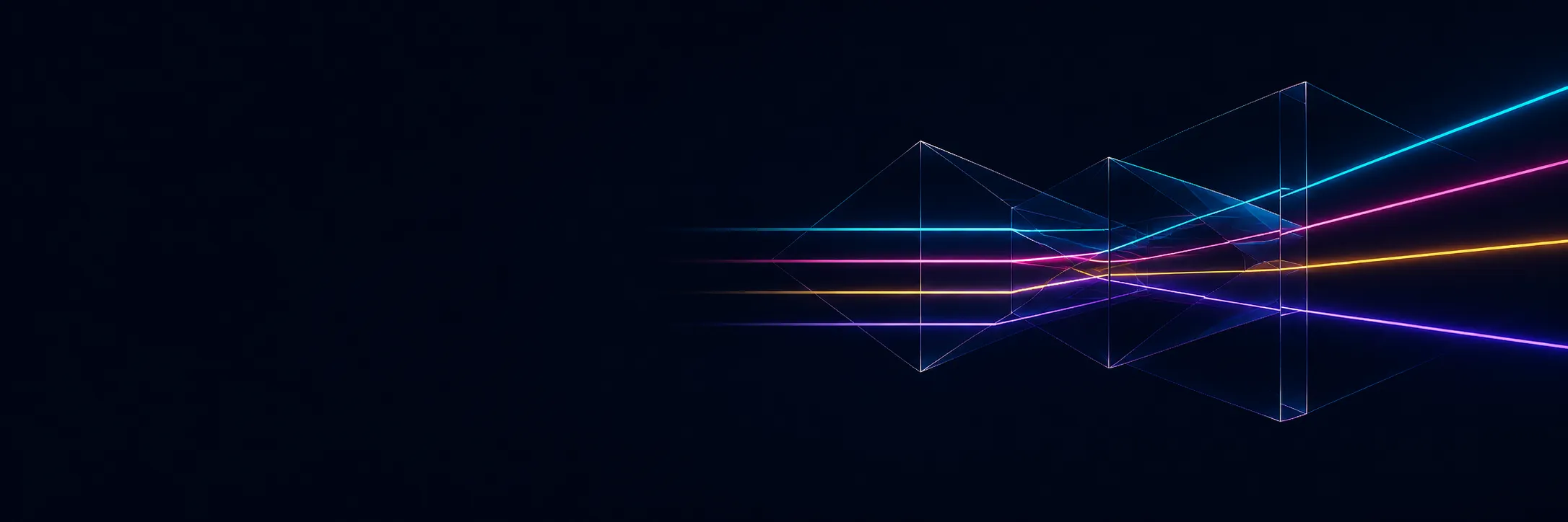 Four thin beams of light — cyan, magenta, amber and violet — run in parallel from the left, pass through a wireframe prism, and fan apart as they leave it to the right. The background is a deep blue-black, almost but not quite black.