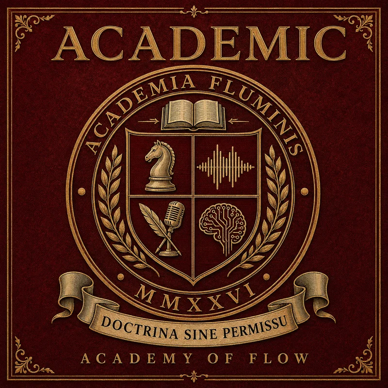 Cover art for Academy of Flow. An ornate gold university crest on a deep oxblood background inside a decorated gold border. A circular seal reads ACADEMIA FLUMINIS around its rim, enclosing a shield quartered into four emblems: a chess knight, an audio waveform, a quill crossed with a vintage microphone, and a brain drawn as circuit traces. An open book sits above the shield, laurel branches flank it, MMXXVI sits beneath, and a ribbon banner reads DOCTRINA SINE PERMISSU. The text reads Academic, Academy of Flow.