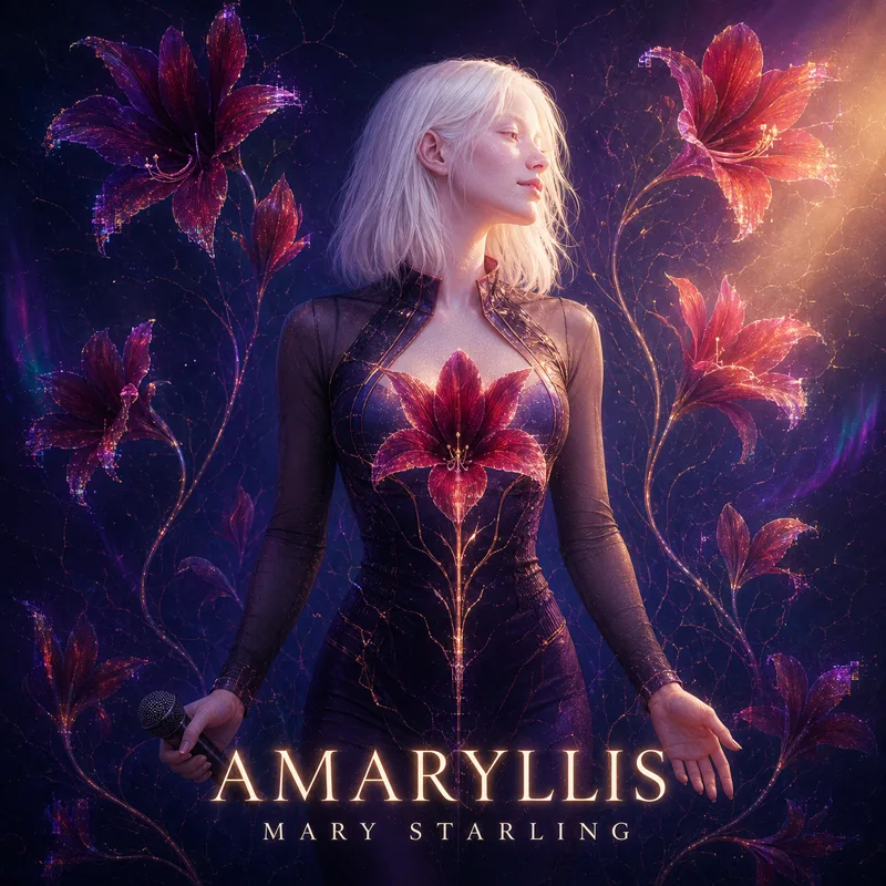 Album cover for Amaryllis. A pale, white-haired woman stands facing forward against a deep violet ground, her head turned to one side and her eyes closed, chin lifted. She wears a fitted dark bodysuit with sheer sleeves, a large crimson amaryllis blooming across the chest and its stem drawn down the front in fine gold lines. A microphone hangs loosely in one hand; the other is open at her side. Behind her, enormous crimson amaryllis flowers open on curving stems, veined with glowing circuit-like traceries and scattered points of light, with warm gold light breaking in from the upper right. The text reads Amaryllis, Mary Starling.