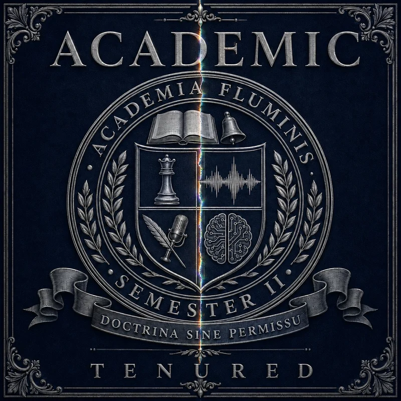 Cover art for Tenured. The Academy of Flow crest again, this time rendered in silver on deep navy, with a prismatic rainbow seam running straight down the centre and splitting the whole design in two. A circular seal reads ACADEMIA FLUMINIS around its rim, enclosing a shield quartered into four emblems: a chess queen, an audio waveform, a quill crossed with a vintage microphone, and a brain drawn as circuit traces. An open book and a bell sit above the shield, laurel branches flank it, SEMESTER II runs beneath, and a ribbon banner reads DOCTRINA SINE PERMISSU. The text reads Academic, Tenured.
