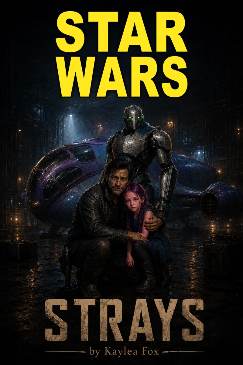 Cover art for Strays. In a dark, cavernous hangar, the smuggler Quinel kneels with one arm around Tammea, a small purple-haired Zeltron girl pressed to his side, while Dez — a tall battle droid with glowing green eyes — stands guard behind them. Their rounded blue-and-purple ship looms in the shadows. The Star Wars logo is at the top, and the title below reads: Strays, by Kaylea Fox.