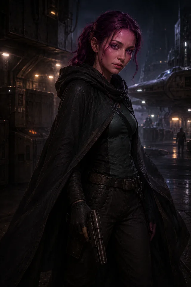 A Zeltron woman with pink skin, magenta hair, and violet eyes, wearing a dark hooded cloak and holding a blaster pistol, in a shadowy spaceport at night.