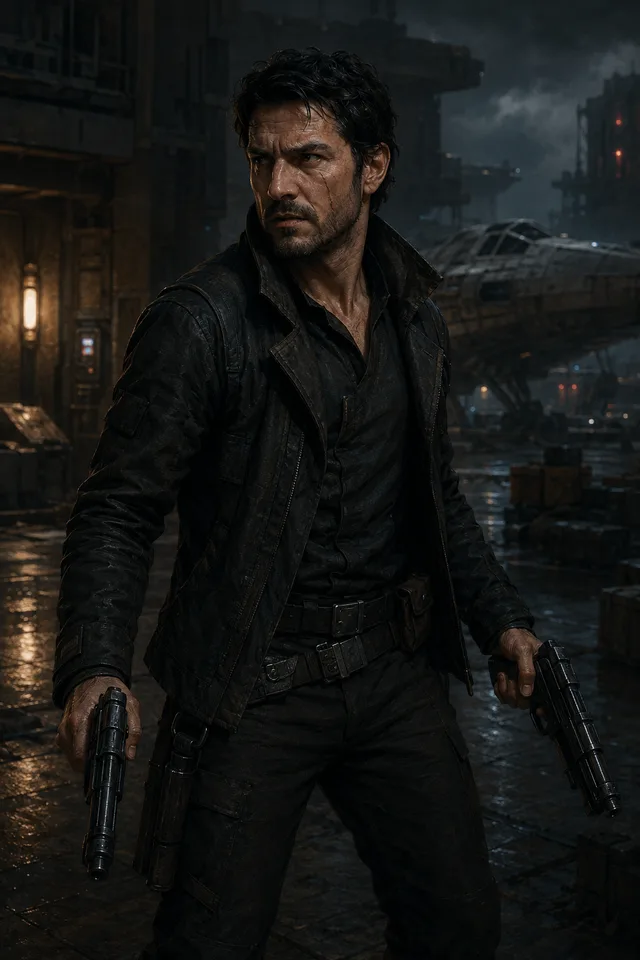 A scarred, dark-haired human man with stubble, gripping two blaster pistols and watching warily, in a rain-slicked spaceport at night with a docked ship behind him.