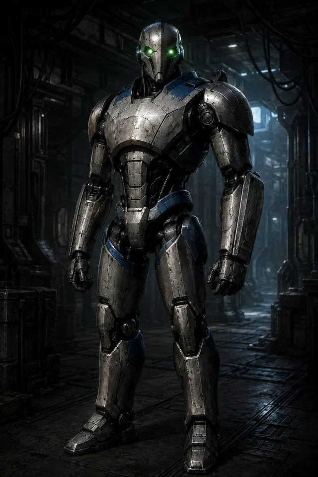 A tall, heavily armoured battle droid with a scuffed plated metal body, blue markings, and glowing green eyes, standing in a dark industrial corridor.
