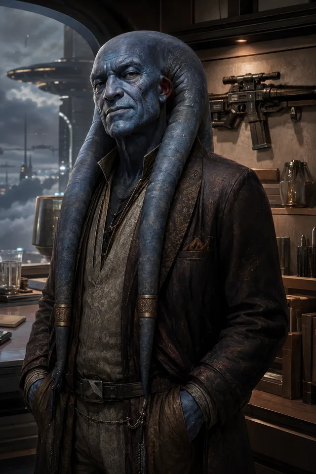 An elderly Twi’lek with deep blue-grey skin and long scarred head-tails draped over his shoulders, wearing a faded once-fine coat, standing in an office with a blaster rifle mounted on the wall and a cloud-city skyline beyond the window.