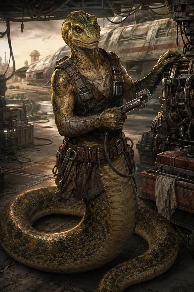 A Sluissi mechanic — a serpent-bodied reptilian alien with a long coiled tail instead of legs — wearing a tool harness and holding a hydrospanner, working beside machinery in a sunlit colony hangar.