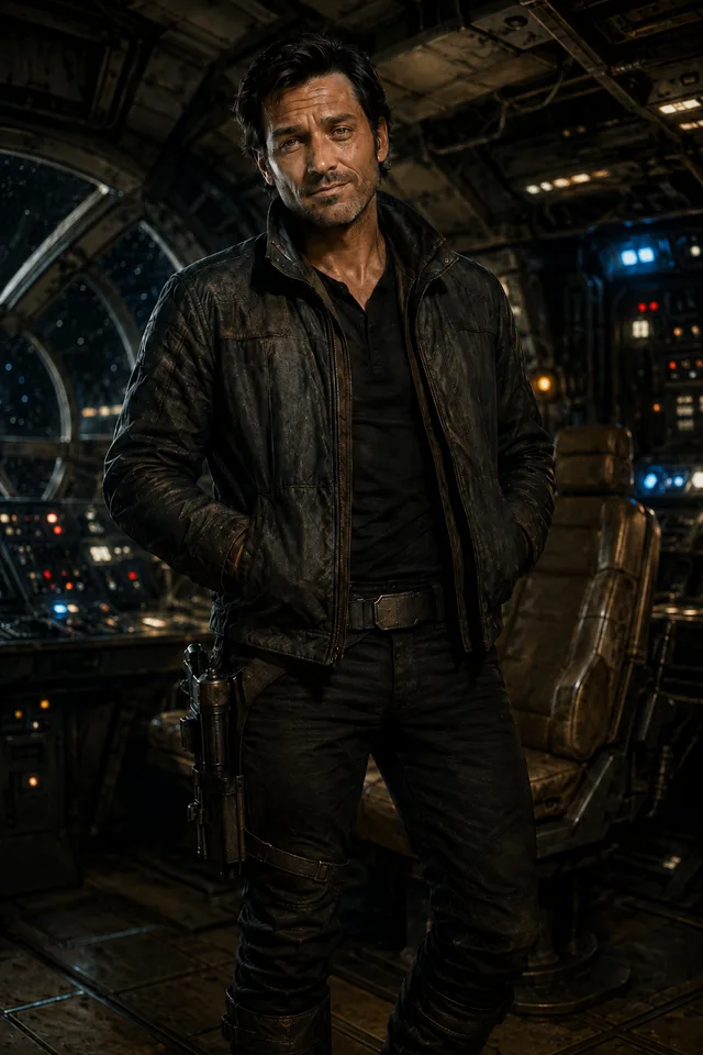 A weathered human man with dark hair and stubble, wearing a worn dark jacket over a black shirt with a blaster pistol holstered at his hip, standing with a faint smile in the dim cockpit of a starship.