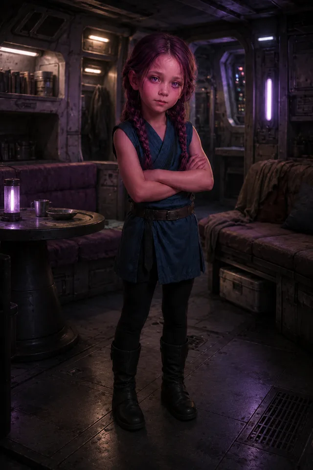 A young Zeltron girl with pink skin, purple eyes, and purple hair in two braids, arms crossed and watching the viewer warily, in the softly purple-lit common room of a starship.