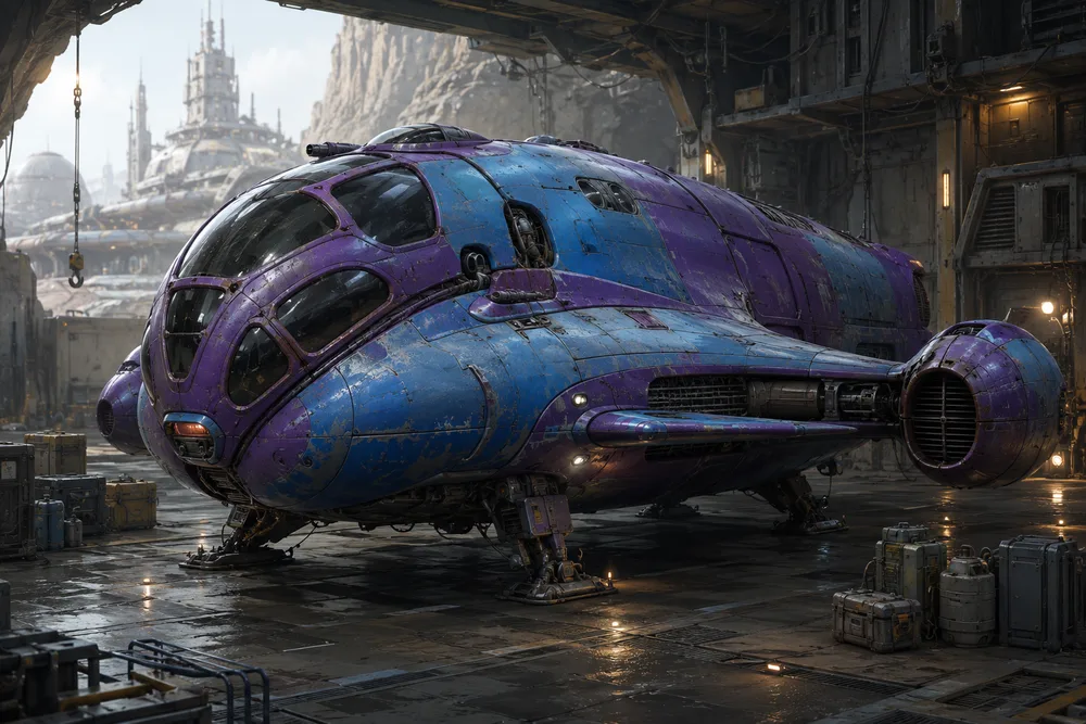 A rounded, weathered light freighter painted in worn blue and purple, resting on landing struts in a spaceport hangar with a domed colony city in the background.